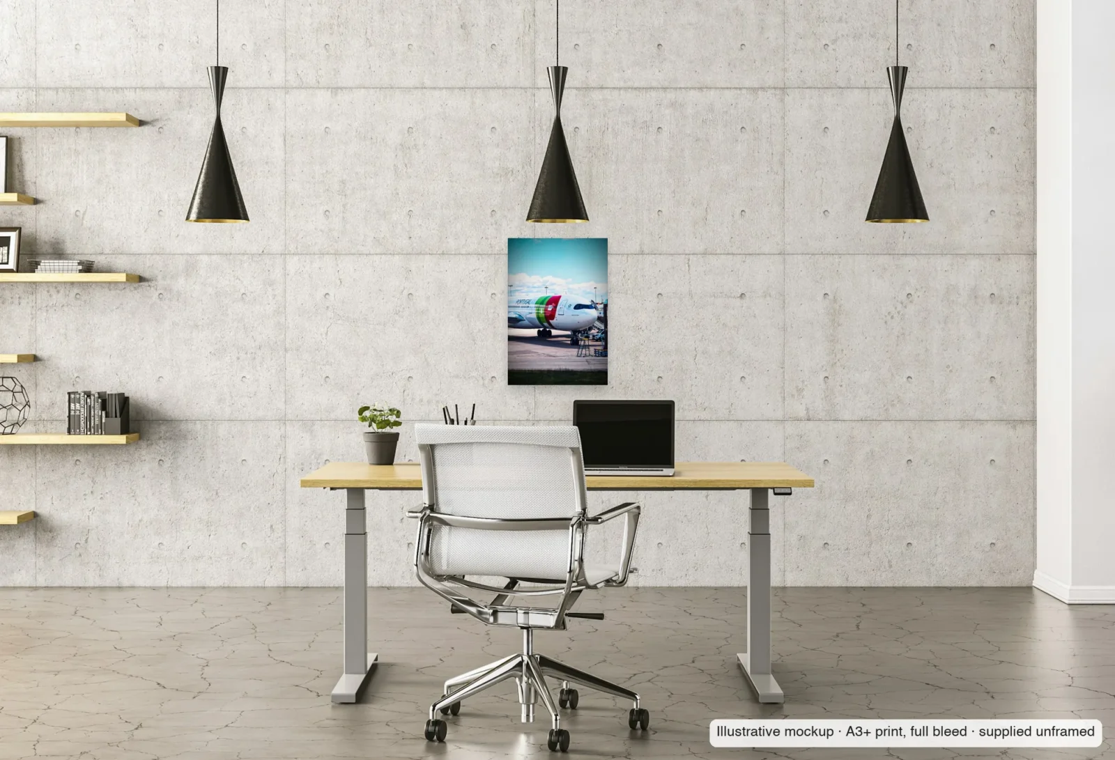 Illustrative mockup of Vasco da Gama at Lisbon as an unframed A3+ print above a desk in a home office.