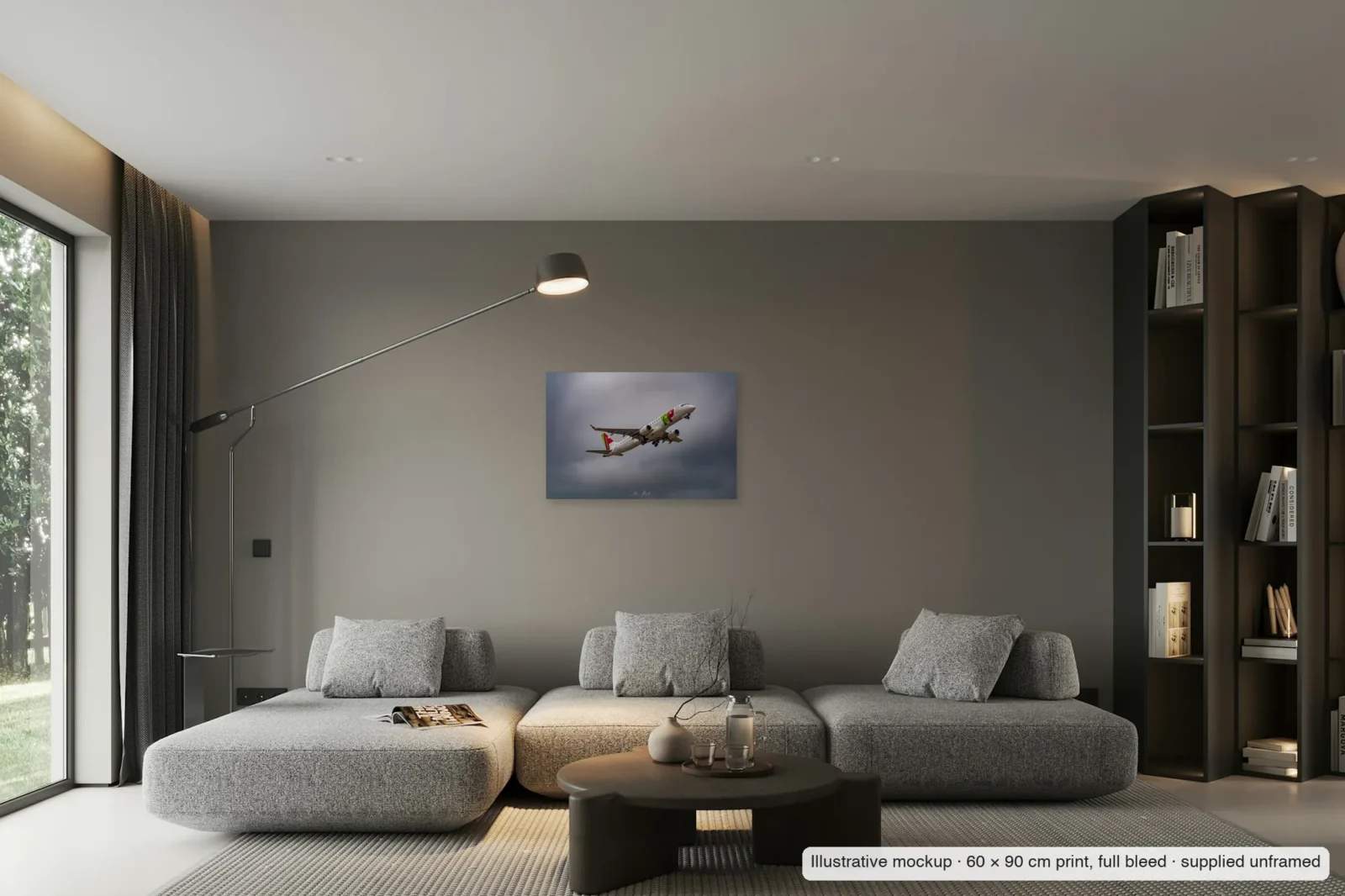 Illustrative mockup of Viseu takes to the sky as an unframed 60 × 90 cm full-bleed print on a living-room wall.