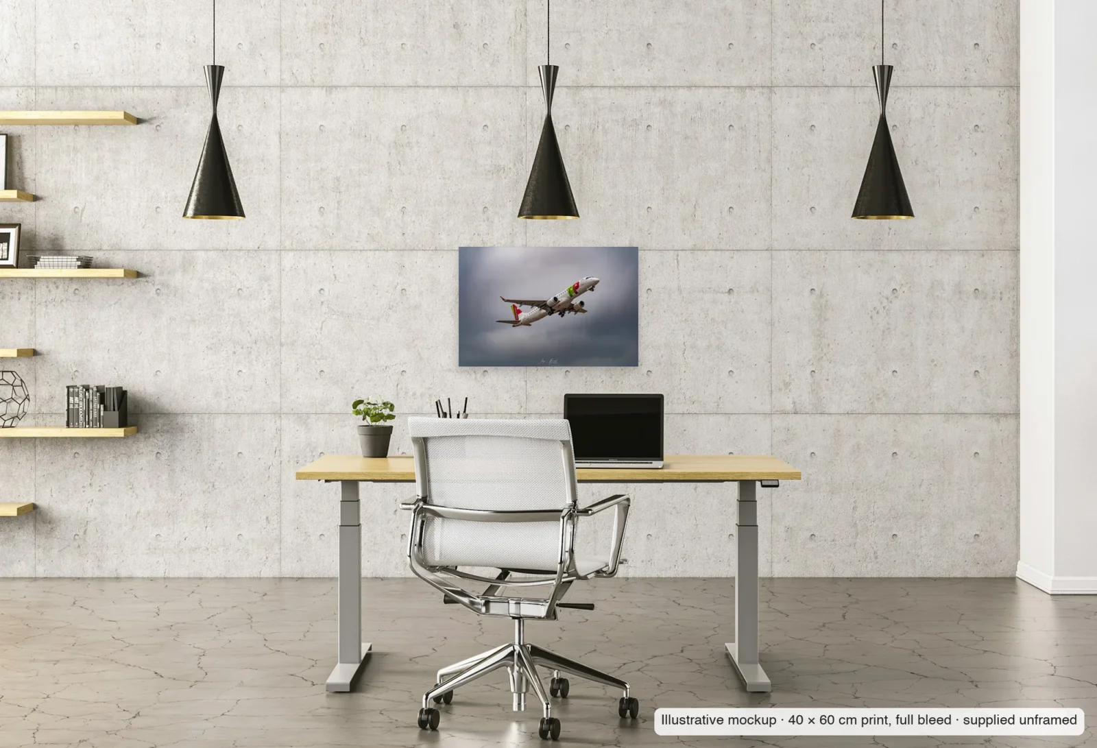 Illustrative mockup of Viseu takes to the sky as an unframed 40 × 60 cm print above a desk in a home office.